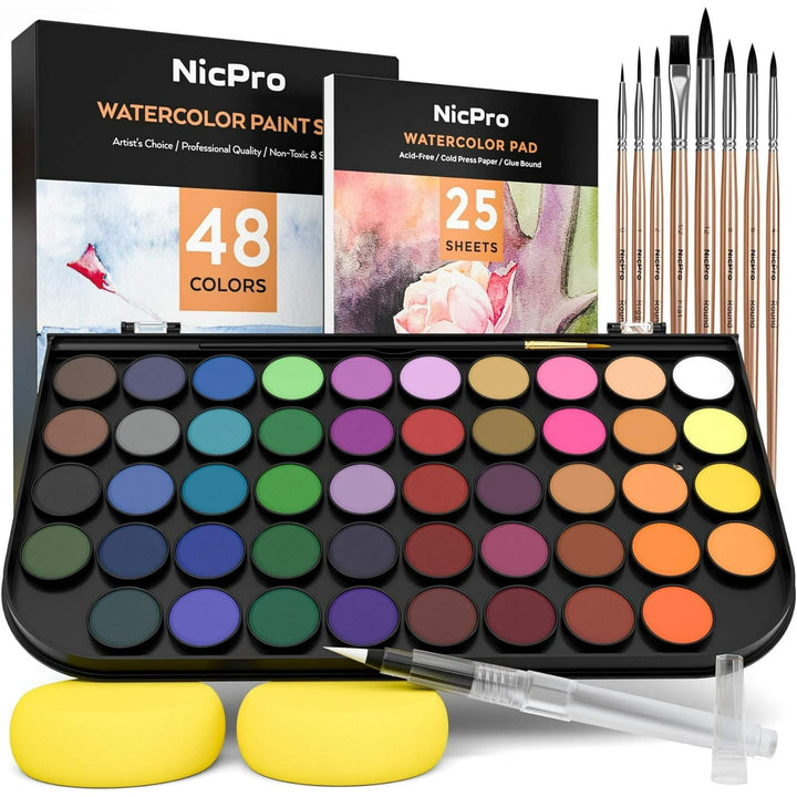 Nicpro 48-Color Watercolor Paint Set with Brushes & Art Supplies