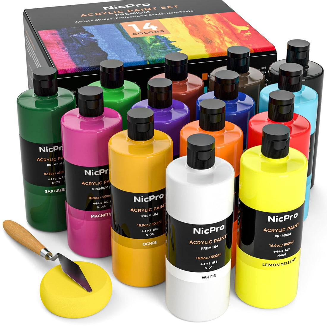 Nicpro 14-Color Acrylic Paint Set – 16.9 oz (500 ml) Bottles