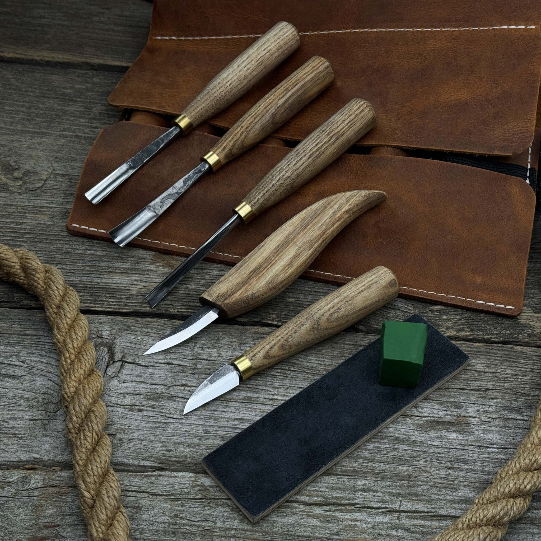 5-Piece Wood Carving Tool Set with Sharpening Board & Leather Case