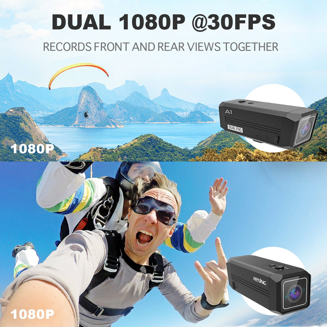 Rexing A1 Dual Action Camera – Front & Back 1080p with Wi-Fi