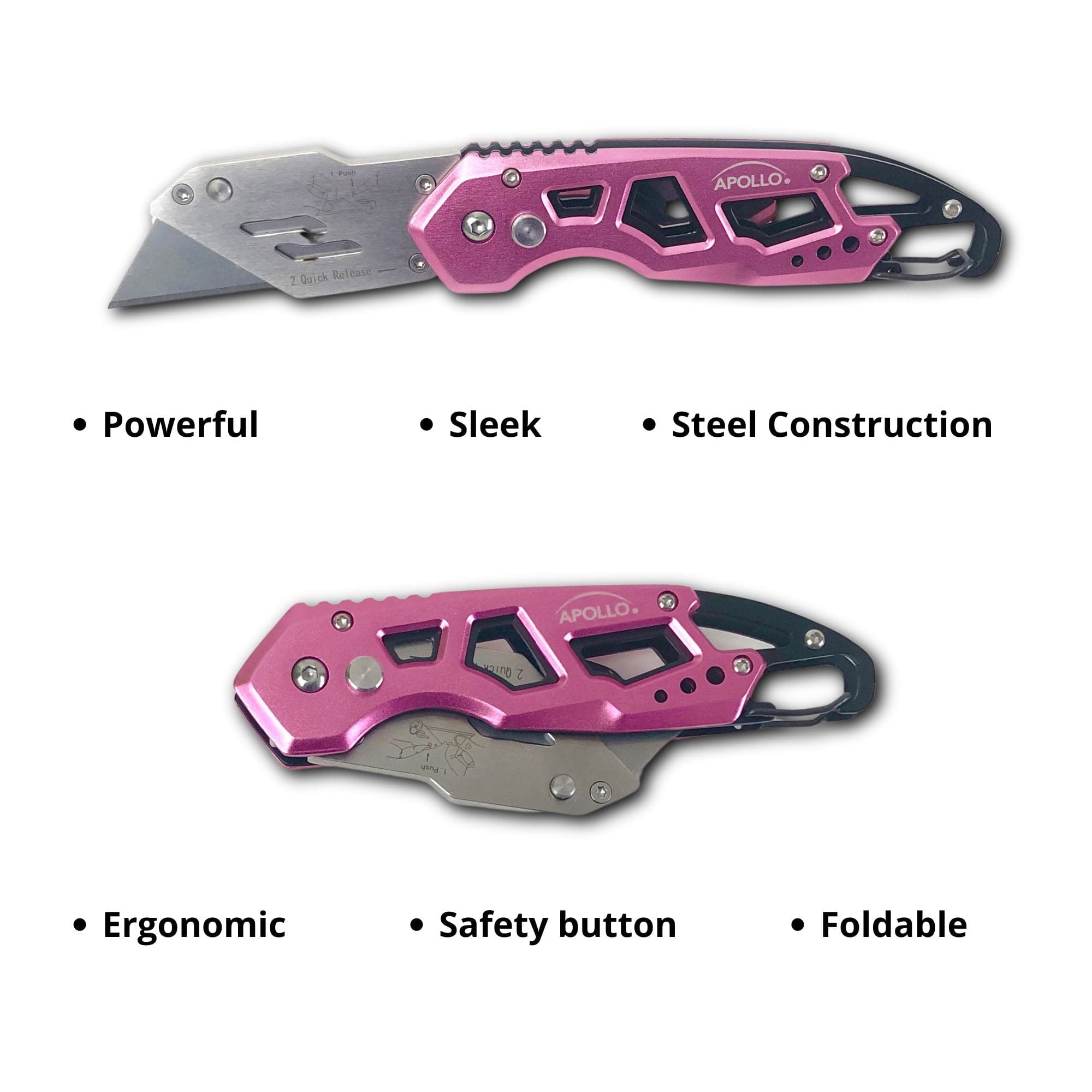 Foldable Pink Utility Knife with Carabiner & Quick-Change Blade – DT5017P