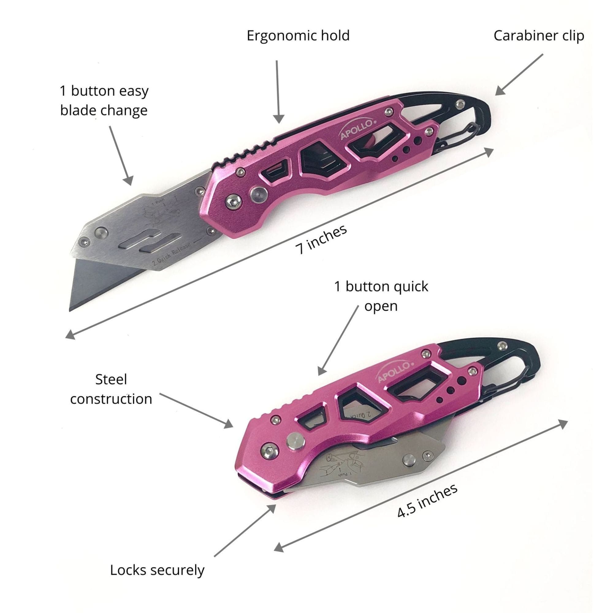 Foldable Pink Utility Knife with Carabiner & Quick-Change Blade – DT5017P