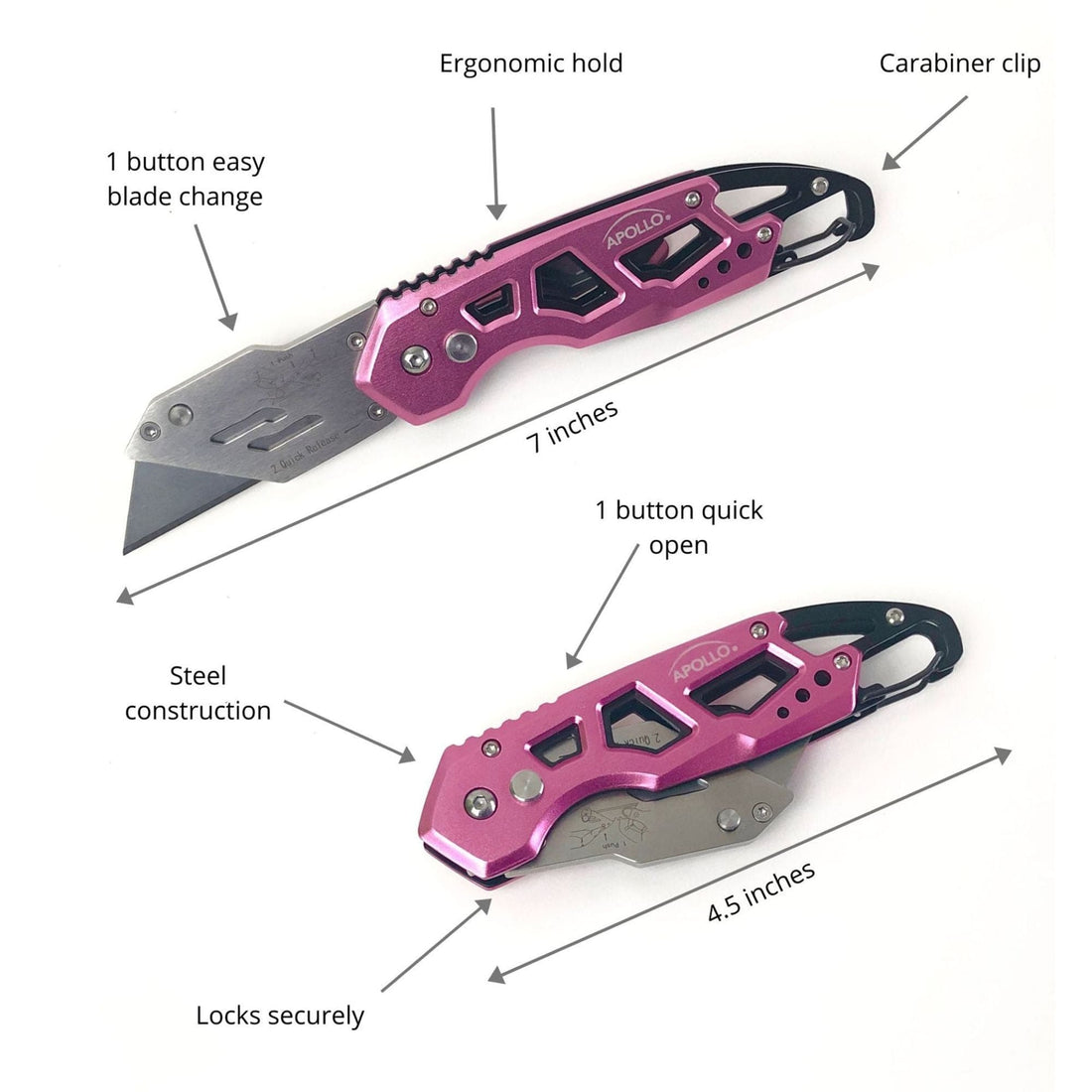 Foldable Pink Utility Knife with Carabiner & Quick-Change Blade – DT5017P