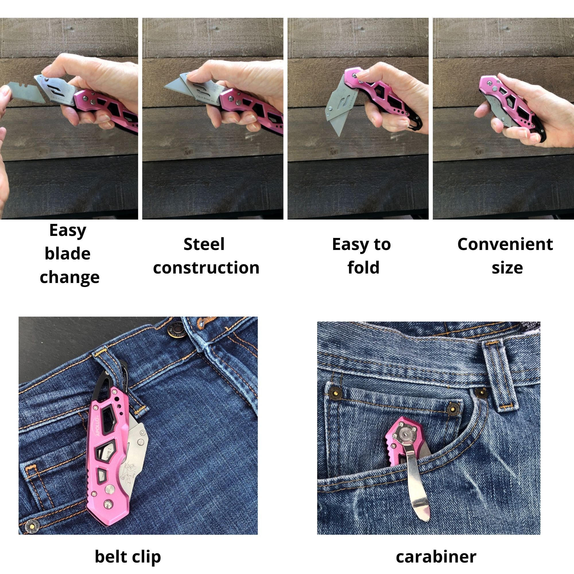 Foldable Pink Utility Knife with Carabiner & Quick-Change Blade – DT5017P