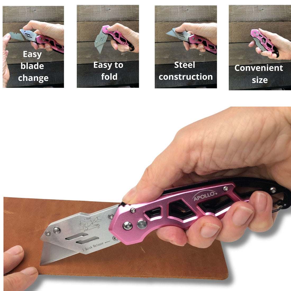 Foldable Pink Utility Knife with Carabiner & Quick-Change Blade – DT5017P