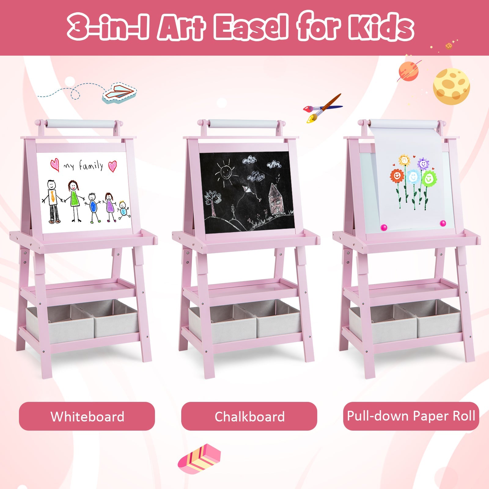 3-in-1 Double-Sided Storage Art Easel-Pink