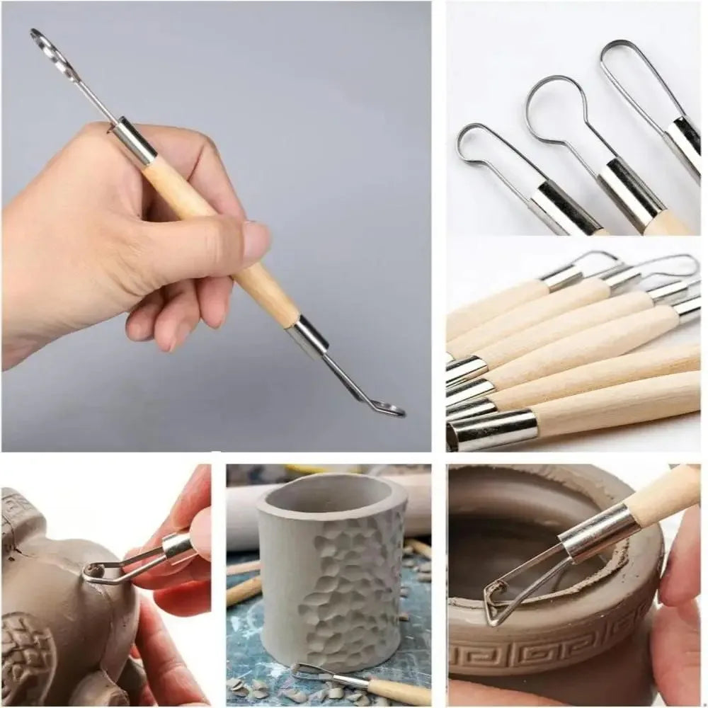 Double-Sided Clay Sculpting Tools with Wooden Handle