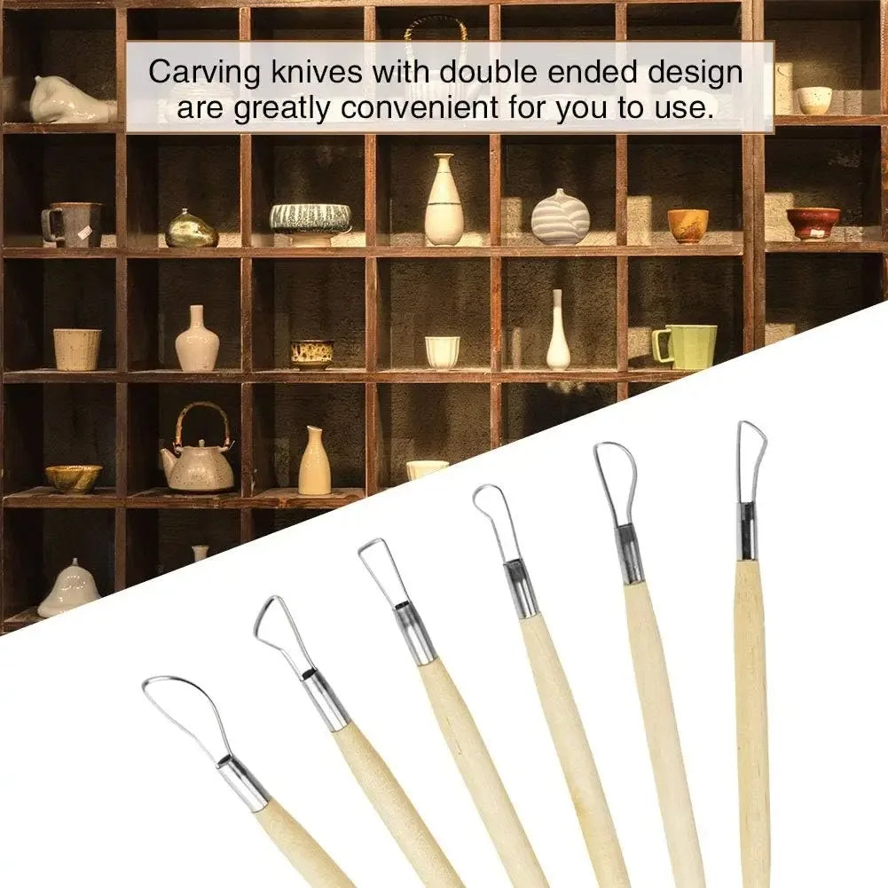 Double-Sided Clay Sculpting Tools with Wooden Handle