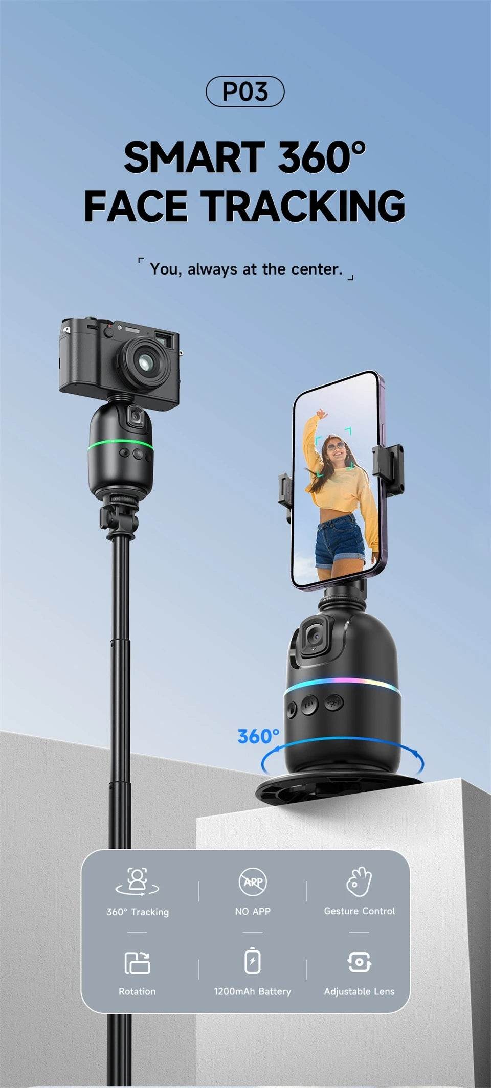 AI Smart 360° Face Tracking Smartphone Gimbal Stabilizer