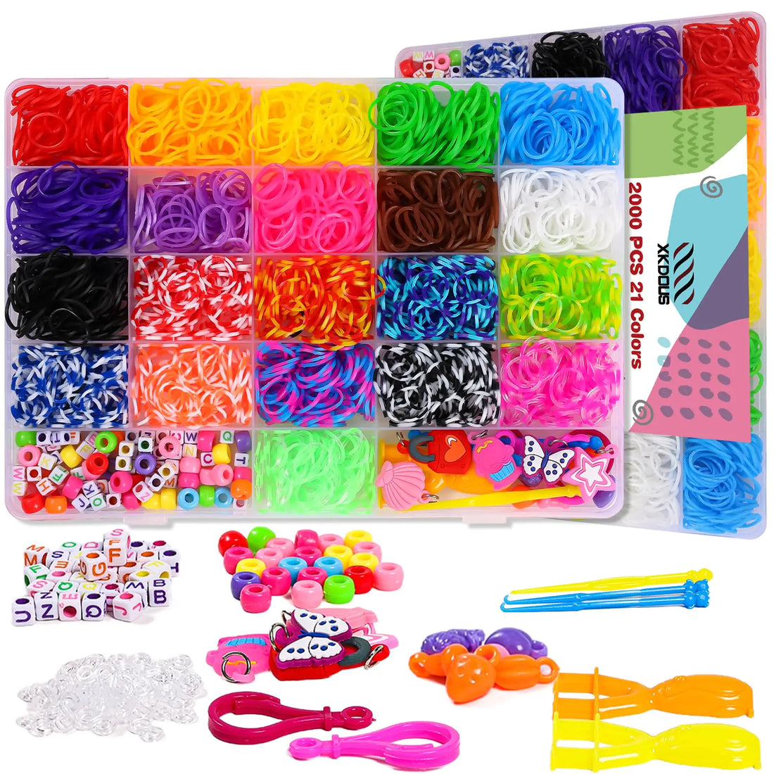 XKDOUS 21 Colors Rubber Band Bracelet Kit Loom Bracelet Making Kit for Art and Craft Rubberband Bracelets Kit for Kids Ages 6+ Loom Bands Kit Girls Boys Birthday Gift